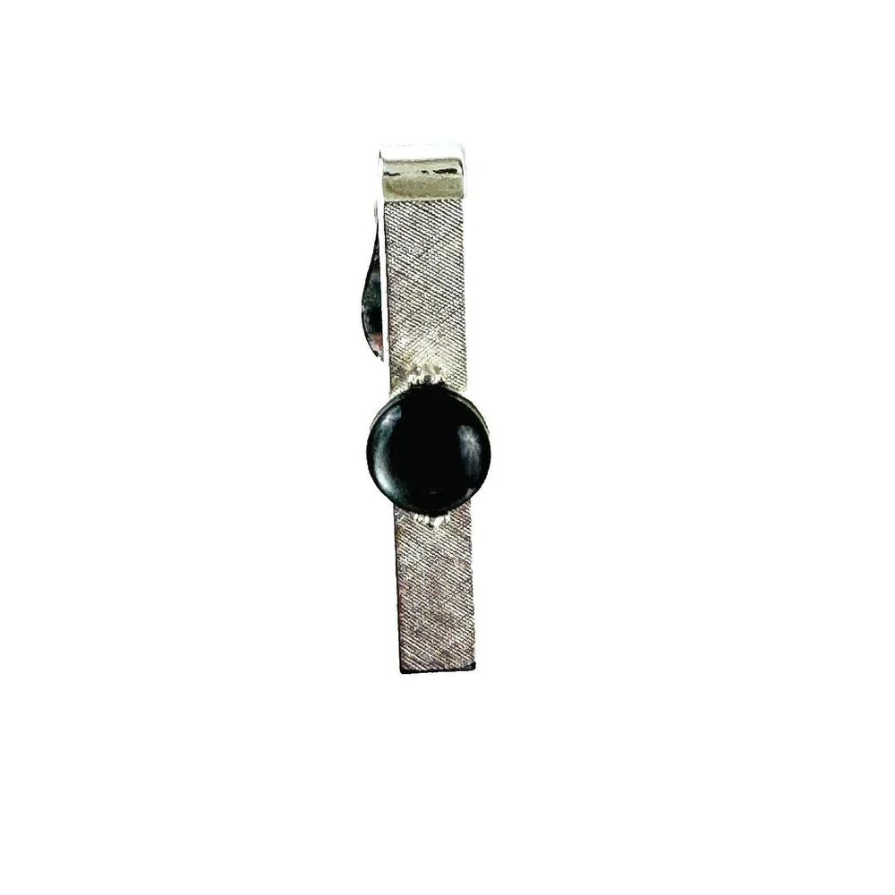 Swank Mens Vintage Silver Tone Black Cabochon Cufflinks and Tie Clip Set MCM
